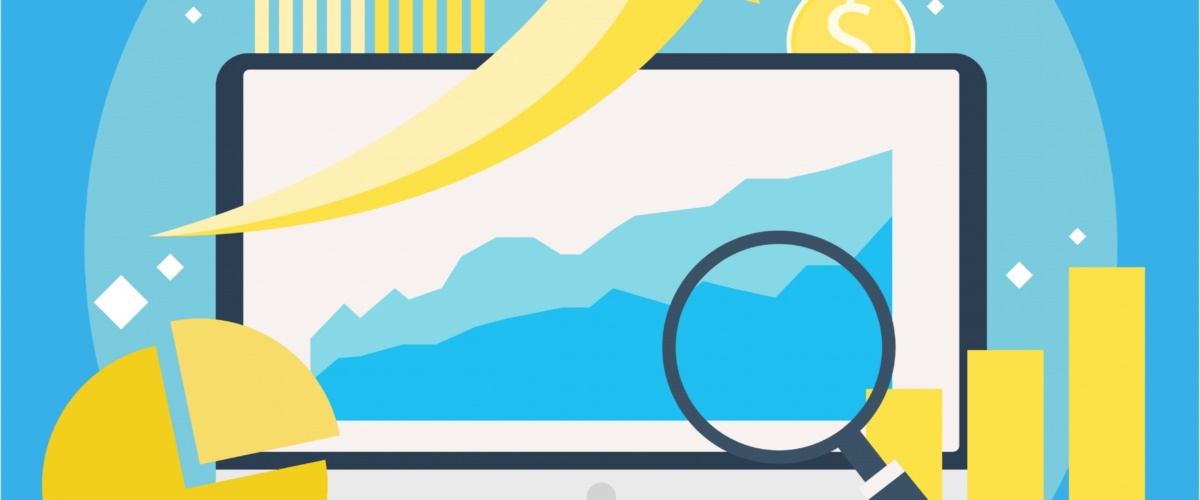 Website traffic growth banner. Computer with diagrams, growth charts. Magnifying glass. Vector flat illustration